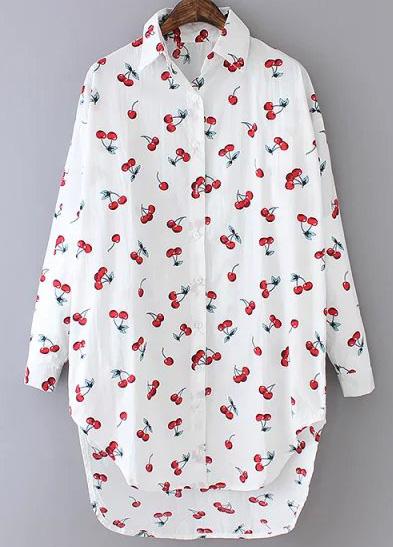 Romwe White Lapel Cherry Print Dip Hem Loose Blouse