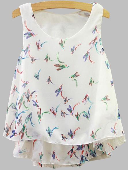Romwe White Bird Print Layered Tank Top