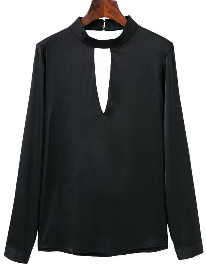 Romwe Black Choker Neck Open Back Blouse