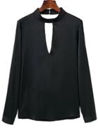 Romwe Black Choker Neck Open Back Blouse