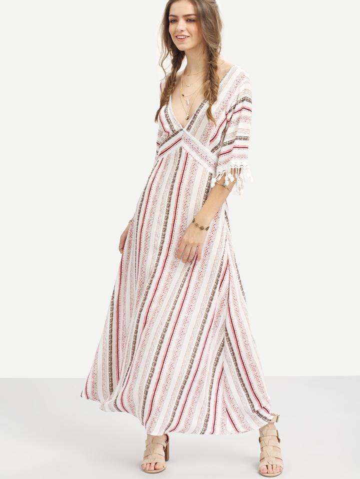 Romwe Multicolor Striped Half Sleeve V Neck Maxi Dress