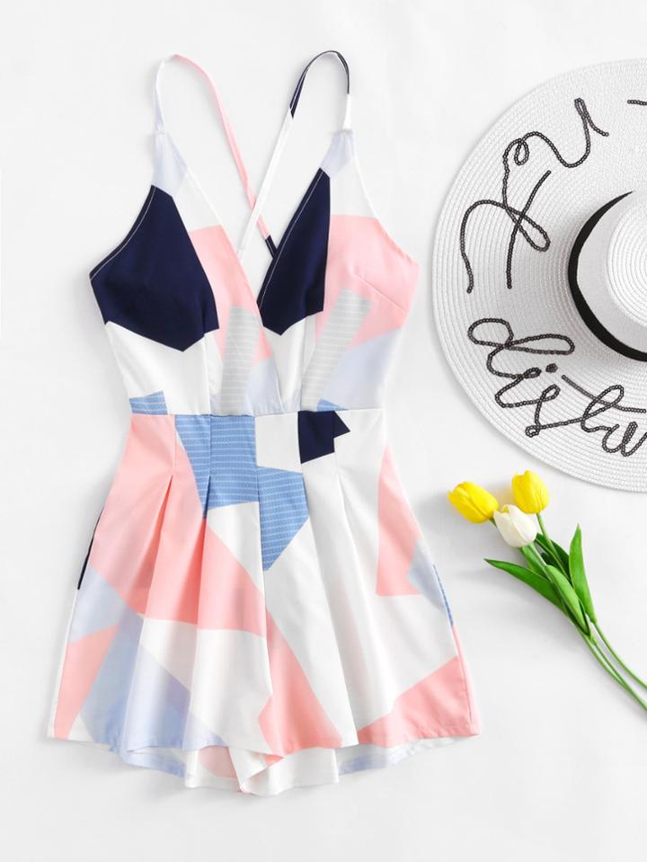 Romwe Criss Cross Open Back Pleated Surplice Romper