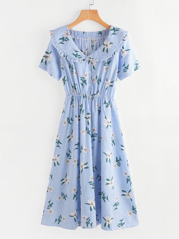 Romwe Floral Print Random Pinstripe Long Shirt Dress