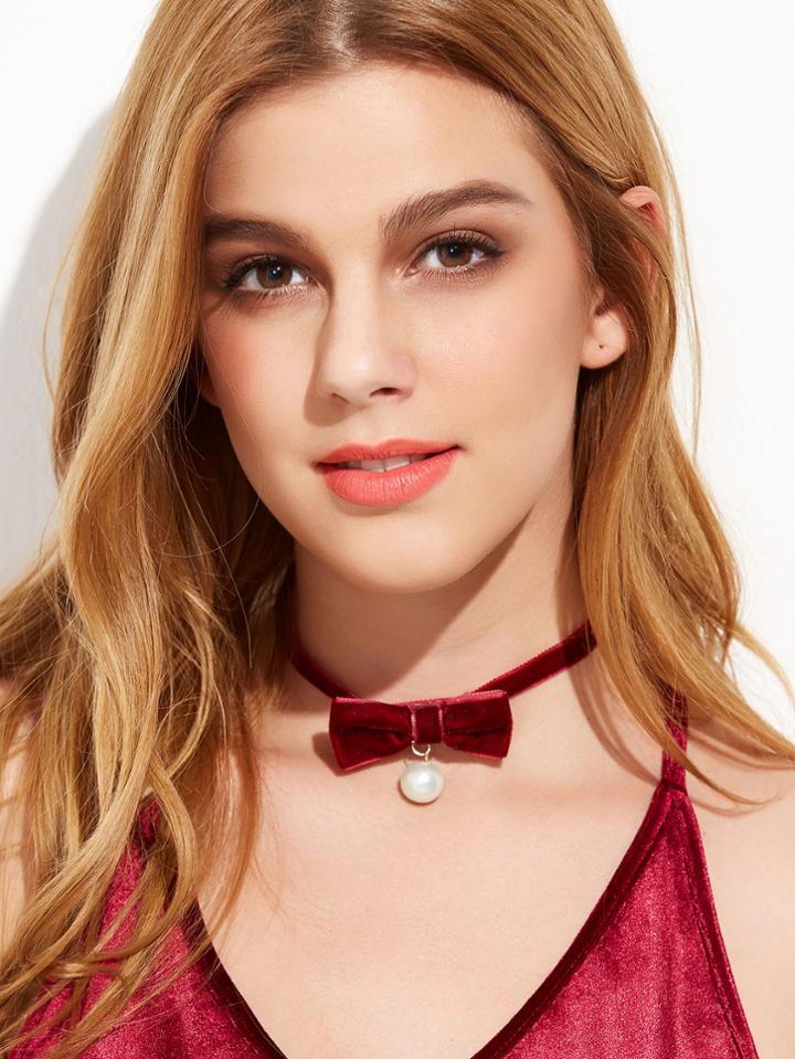 Romwe Burgundy Velvet Cute Bow Faux Pearl Choker Necklace