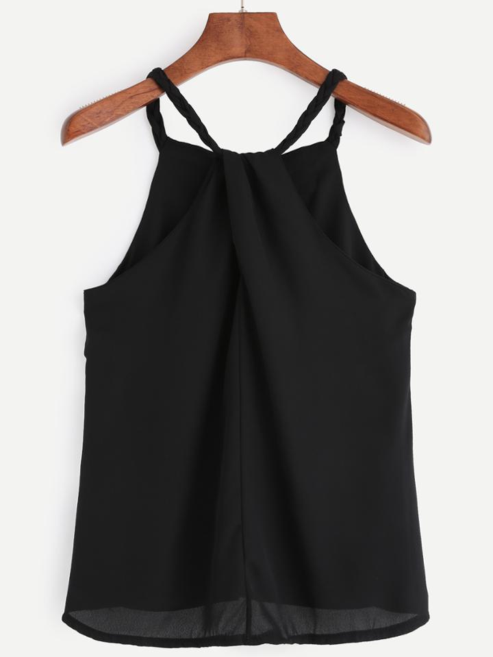 Romwe Black Braided Twist Halter Neck Top