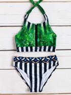 Romwe Green Leaf Print Striped Detail Halter Bikini Set