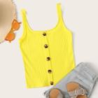 Romwe Neon Yellow Button Front Rib-knit Tank Top