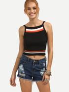 Romwe Striped Ribbed Knit Crop Cami Top - Black