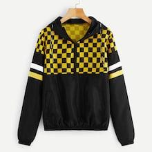 Romwe Contrast Gingham Half Zip Hooded Jacket