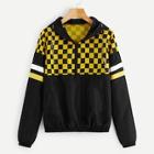 Romwe Contrast Gingham Half Zip Hooded Jacket