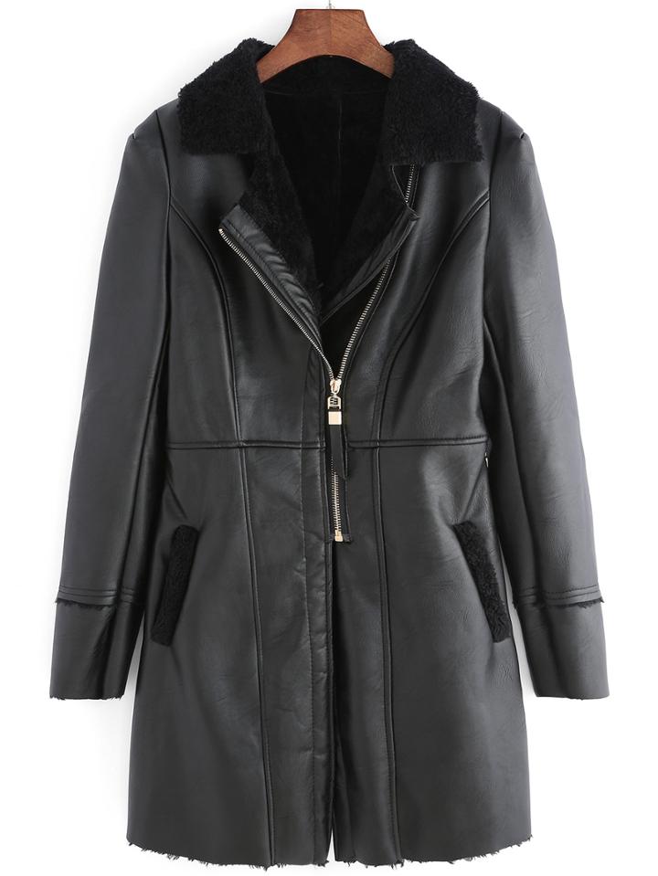 Romwe Women Lapel Zipper Long Black Coat