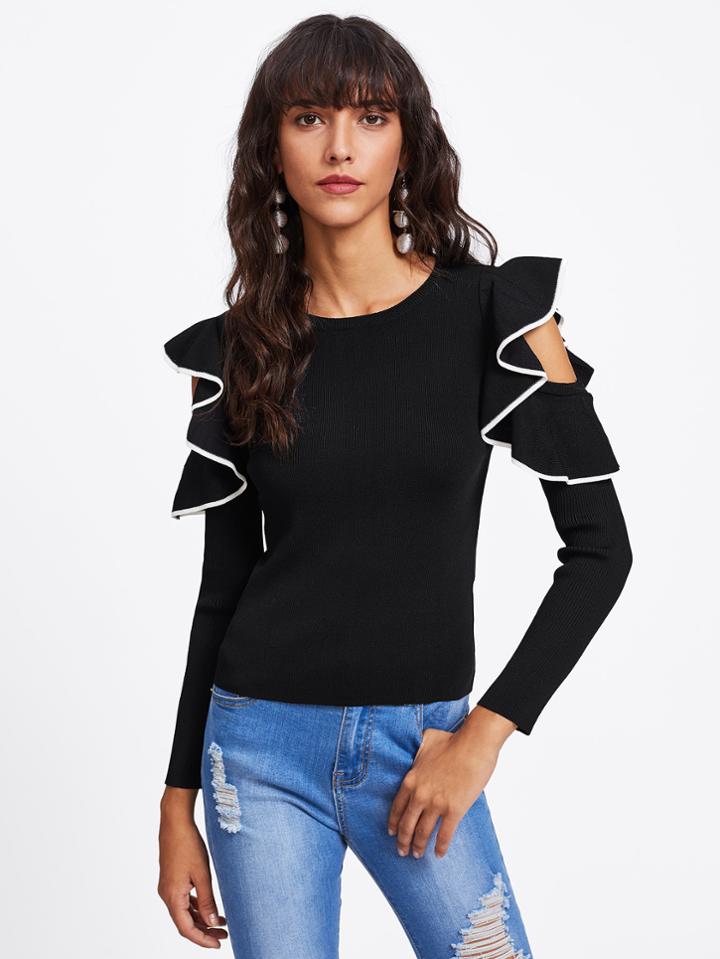 Romwe Contrast Binding Flounce Open Shoulder Ribbed Jumper