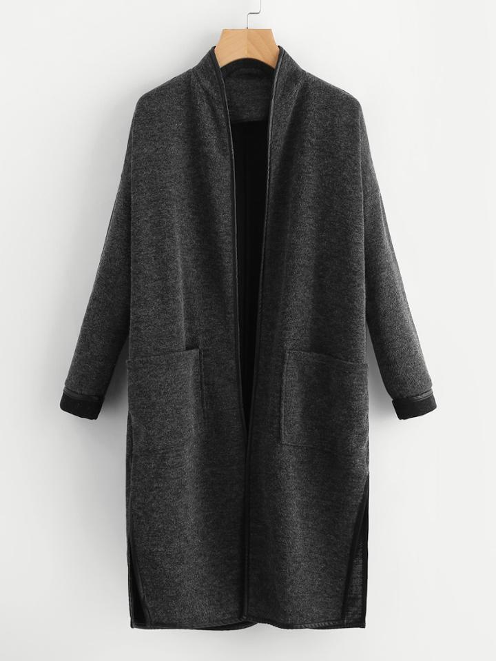 Romwe Faux Leather Binding Patch Pocket Front Coat