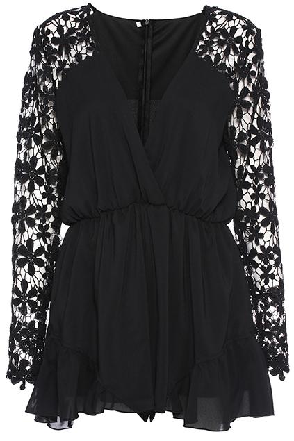Romwe Deep V Floral Playsuits-black
