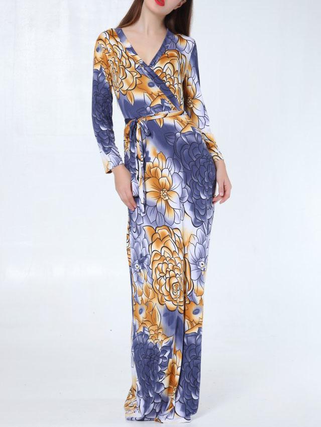 Romwe V Neck Florals Self-tie Maxi Blue Dress