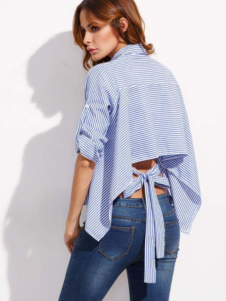 Romwe Blue Mixed Stripe Tie Back High Low Blouse