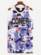 Romwe Multicolor Rose & Letter Print Camouflage Mesh Tank Top