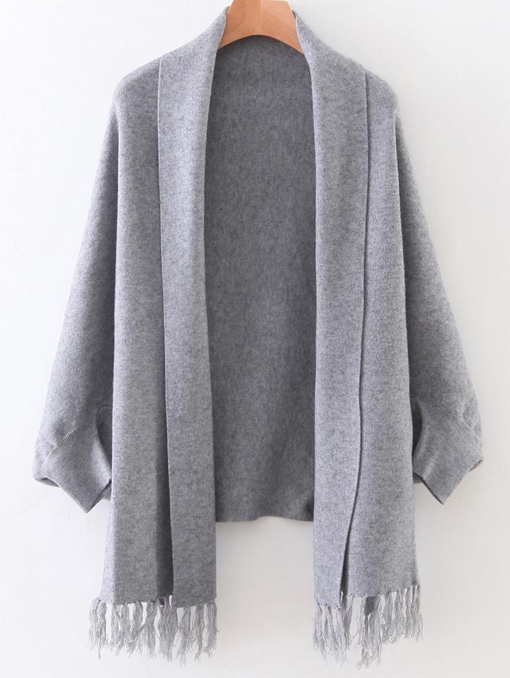 Romwe Grey Shawl Collar Fringe Hem Poncho Sweater