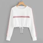 Romwe Stripe Tape Drawstring Hem Pullover