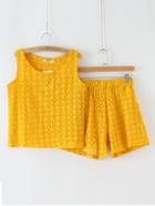Romwe Yellow Hollow Tank Top With Elastic Waist Shorts