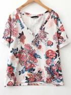 Romwe White V Neck Floral Loose T-shirt