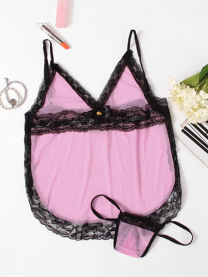 Romwe Open Back Lace Trim Cami Set