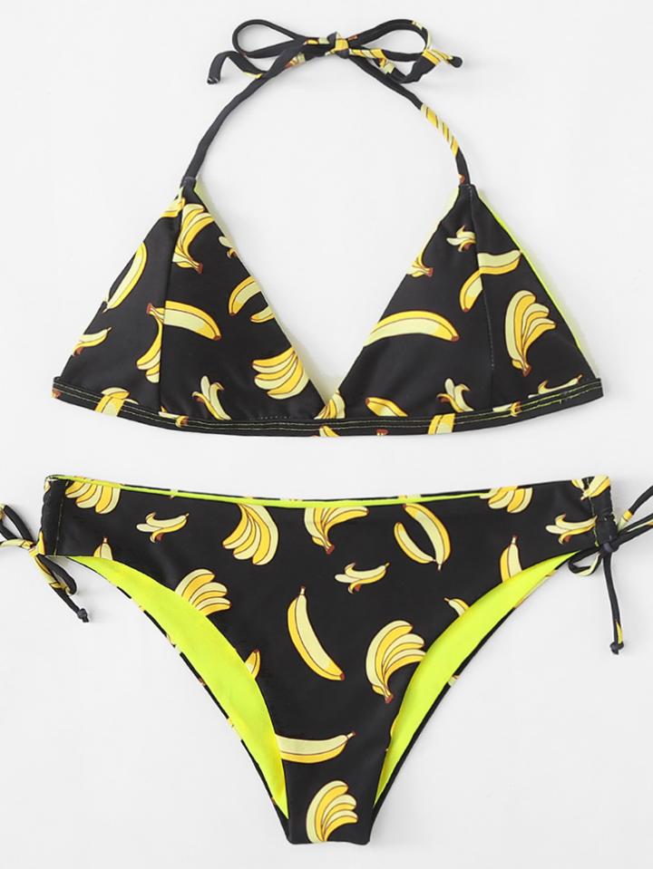 Romwe Banana Print Self Tie Bikini Set