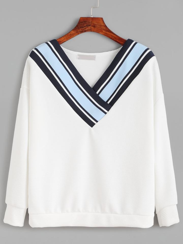 Romwe V Neck Striped Trim Sweatshirt