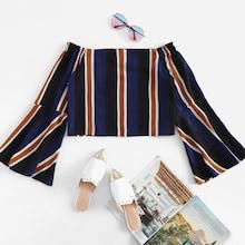 Romwe Off Shoulder Flounce Sleeve Striped Blouse