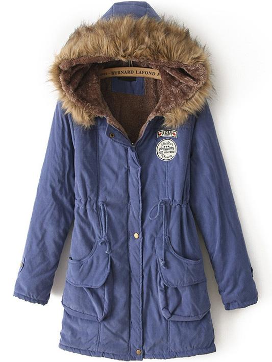Romwe Hooded Drawstring Letter Patch Royal Blue Coat