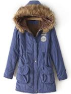 Romwe Hooded Drawstring Letter Patch Royal Blue Coat