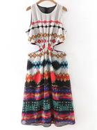 Romwe Multicolor Sleeveless Waist Bareness Print Midi Dress