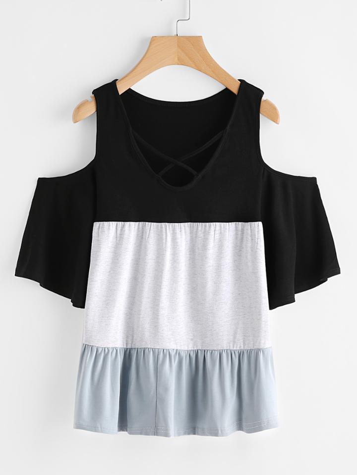 Romwe Strappy Neck Open Shoulder Contrast Tee