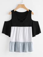 Romwe Strappy Neck Open Shoulder Contrast Tee