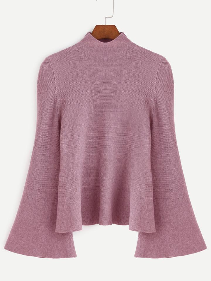 Romwe Dark Pink Mock Neck Bell Sleeve Jersey Sweater