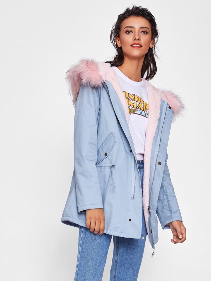 Romwe Faux Fur Trim Hoodie Drawstring Coat