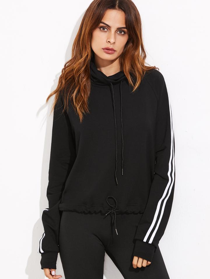 Romwe Black Striped Sideseam Cowl Neck Drawstring Hem Sweatshirt