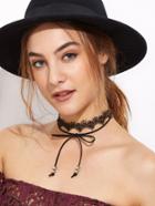 Romwe Black Lace Layered Bow Tie Beaded Choker Necklace