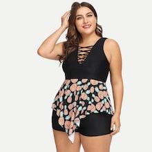 Romwe Plus Pineapple Print Criss Cross Asymmetrical Tankini