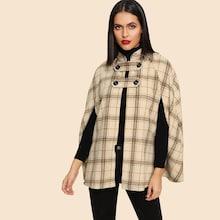 Romwe Button Tab Placket Plaid Cape Coat