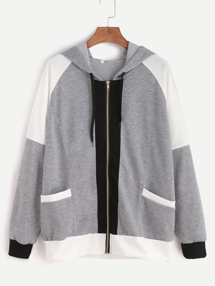 Romwe Contrast Raglan Sleeve Zip Up Pocket Hooded Sweatshirt