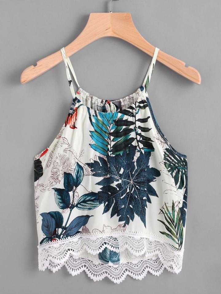 Romwe Tropical Print Lace Hem Tie Back Cami Top