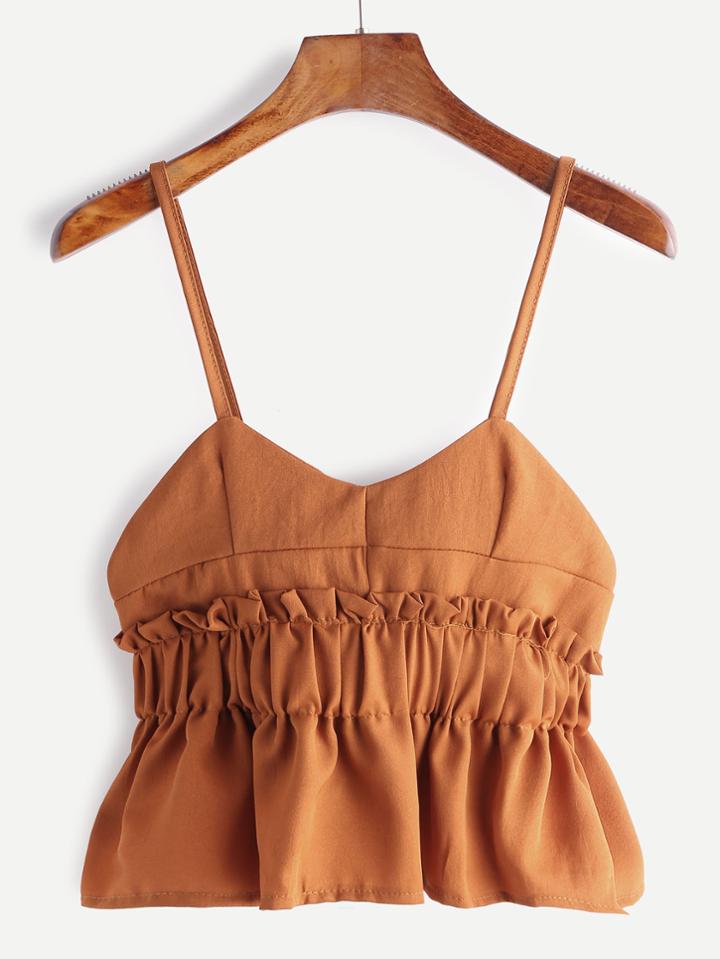 Romwe Brown Ruffle Shirred Elastic Waist Cami Top