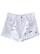 Romwe White Pockets Fringed Hem Print Shorts