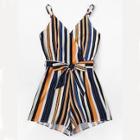 Romwe Plus Striped Belted Cami Jumpsuit