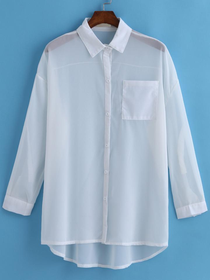 Romwe Lapel With Pocket Dip Hem Chiffon Blouse