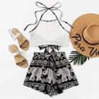Romwe Random Print Lace Knot Back Halter Top With Shorts