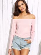 Romwe Pink Off The Shoulder Long Sleeve T-shirt
