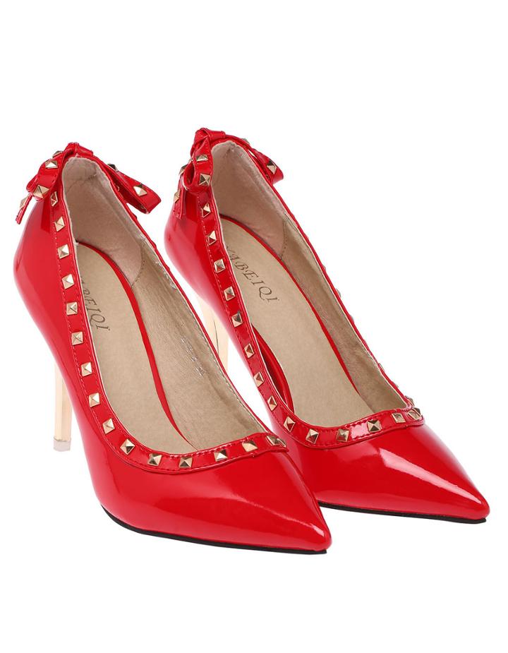 Romwe Red Bow Rivet High Heel Shoes
