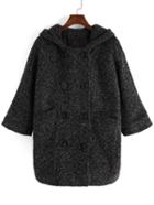 Romwe Hooded Double Breasted Loose Black Coat